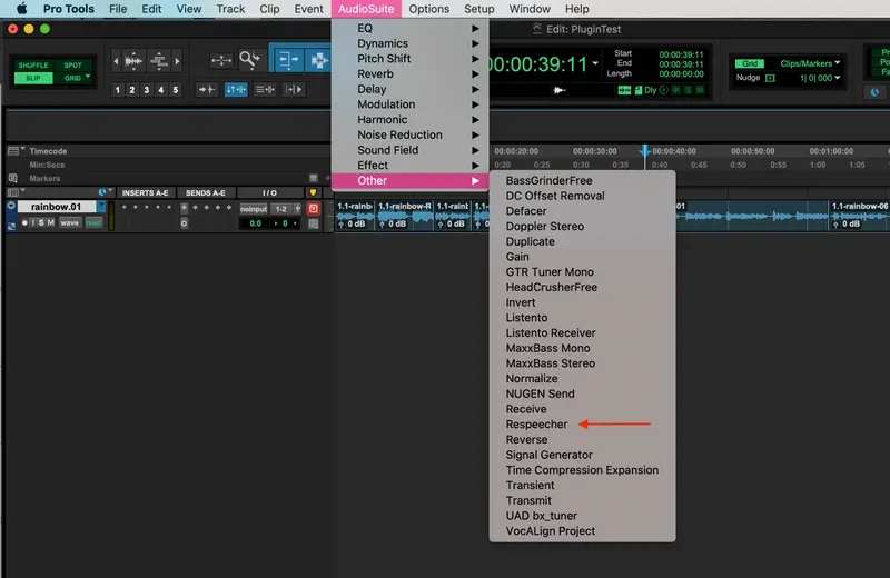 AudioSuite plugin menu with the Respeecher plugin listed under the Other category